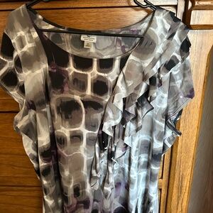 Worthington Women's Geometric Ruffle Blouse - Black, Gray, Purple